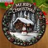 Warm Winter Wooden Christmas Sign with Snow House & Snowman Pattern - Navidad Round Sign for Front Door Wall Hanging Decor - Ideal Christmas Gift