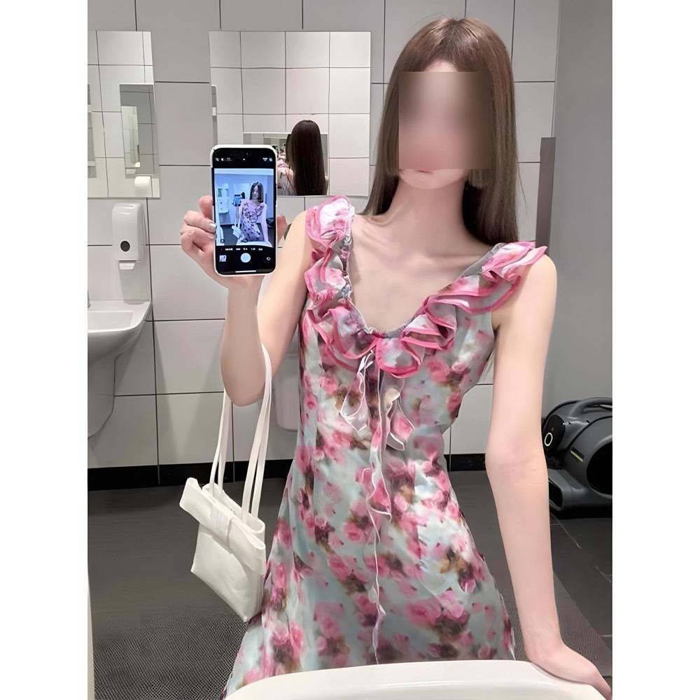 Женское длинное платье без рукавов с V-образным вырезом для пляжного отдыха, новинка начала лета, уникальное и красивое платье с защипом на талии с цветочным принтом