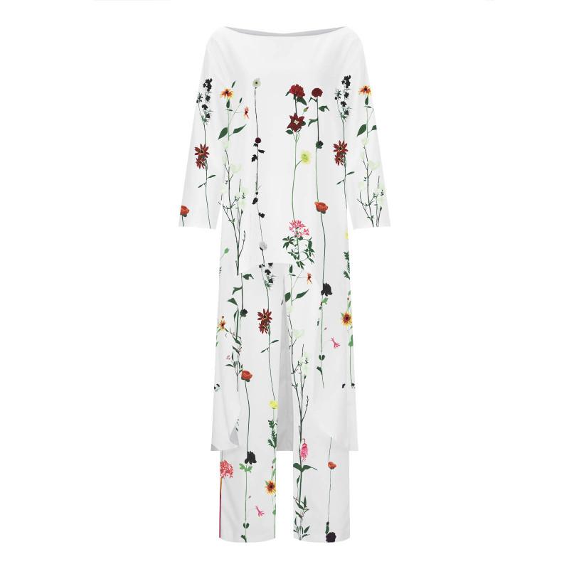 Женский комплект, модный повседневный свободный топ больших размеров с укороченными рукавами и принтом нестандартной формы + прямые брюки