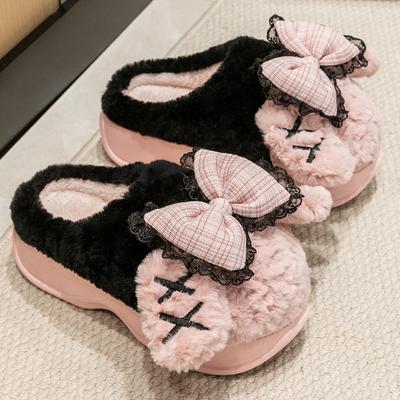 Пушистые розовые тапочки-облака с бантом на платформе женские зимние домашние меховые мюли женские уличные модные высокие тапочки женские плюшевые сабо обувь