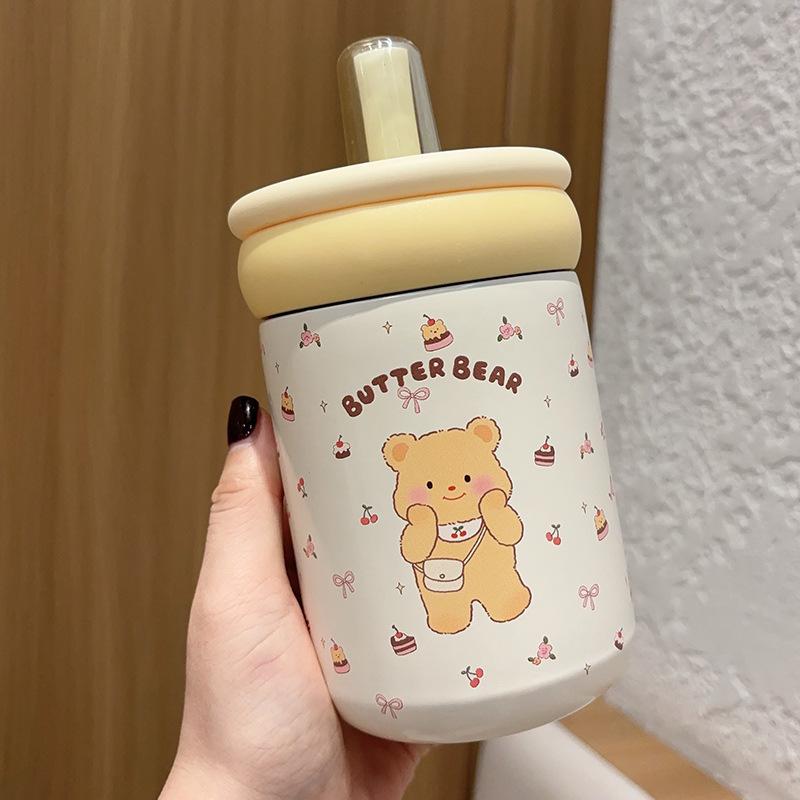 500ml Cute Butter Bear Insulated Straw Cup, 304 Stainless Steel Vacuum Tumbler, Portable Leak-Proof Mug For Girls & Kids