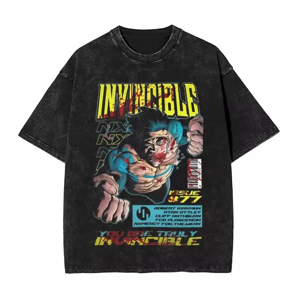 Invincible Gda Logo Graphic Tshirt Vintage Washed Superhero Anime Unisex Oversized Crew Neck Cotton Short Sleeve Tee Tops