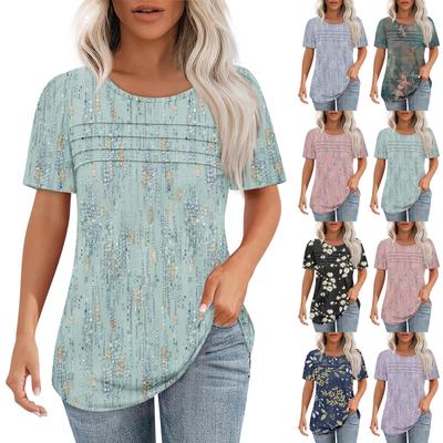 Футболки для женщин, плиссированные, с круглым вырезом, нарядные, повседневные, блузки с принтом, с коротким рукавом, летние топы, свободный крой