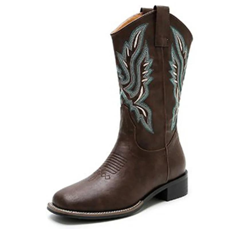 Светло-коричневые темно-коричневые роскошные брендовые женские сапоги весна-осень-зима с вышивкой кожаные сапоги до середины голени с плюшевыми ковбойскими сапогами