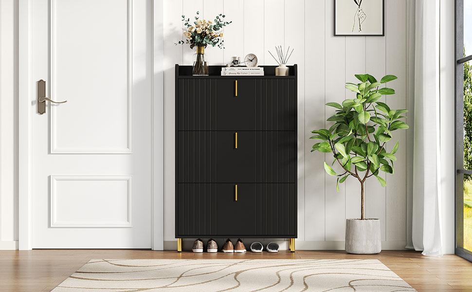 Shoe Cabinet with 3 Flaps, Narrow Shoe Rack Shoe Tilt Cabinet, with 6 Compartments, Adjustable, Anti-Tip Device for Entryway, 80*23.5*123.5cm, Black