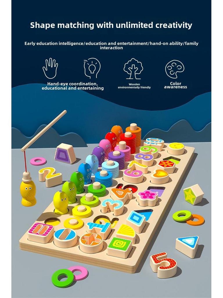 Children's Magnetic Fishing & Building Block Puzzle: Six-in-One Fruit Logarithmic Board & Assembly Set.
