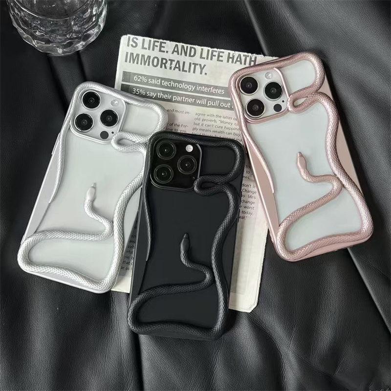 2025 Cool Dark 3D Snake Hollow Out Case For iPhone 16 15 14 13 11 12 Pro Max Ins Fashion Boy Girl Electroplated Soft Cover Gift