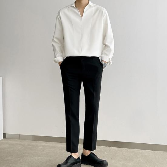 Мужская рубашка весна-осень с V-образным вырезом и лацканами, официальная офисная рубашка, шелковистая свободная прямая рубашка-пуловер, деловой топ для свиданий и вечеринок