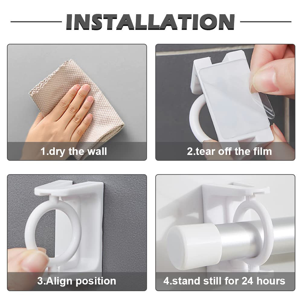 4PCS No Drill 360° Rotating Curtain Rod Brackets Self Adhesive Adjustable Curtain Rod Holders for Rods up to 2.5cm, White