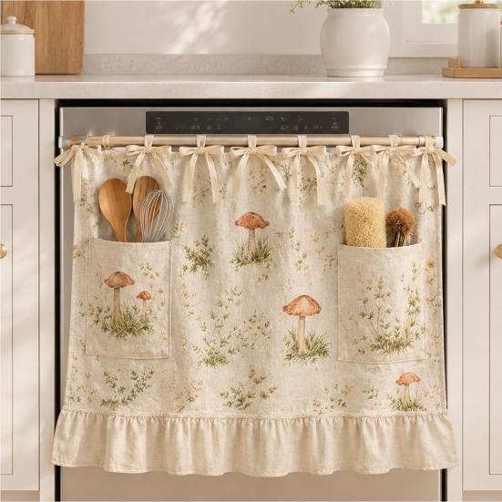 Functional Window Dressing Oven Curtain with Pockets, Dustproof Durable Polyester Hanging Drape, Dust Proof Kitchen Drapes Easy Wash Decorative Shade