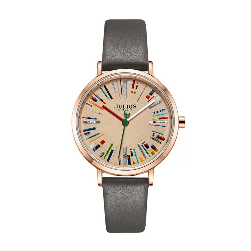 Authentic Julius Watch for Women, New Model with Unique Colorful Hands, Simple Retro Leather Strap, Women's Wristwatch, Student Waterproof