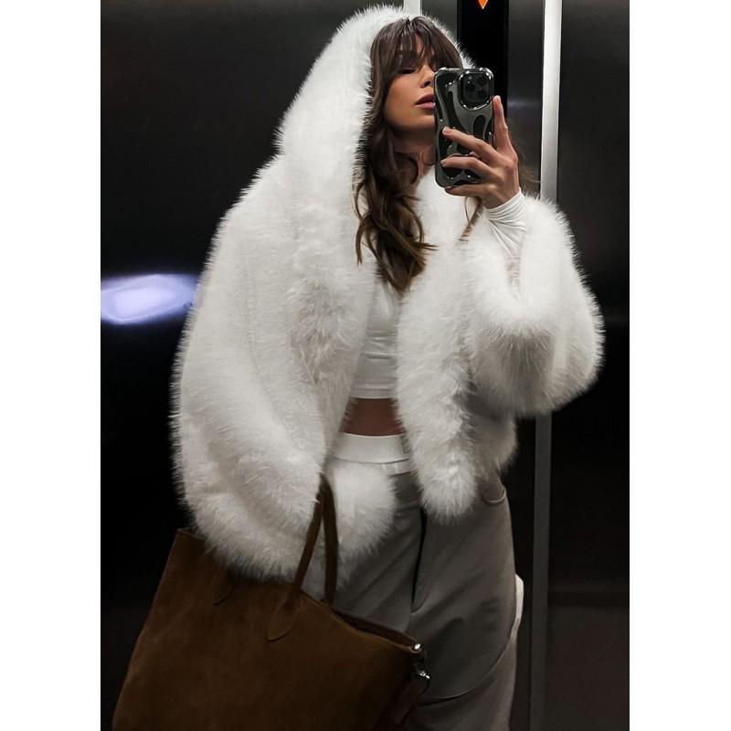 Womens Pink Faux Fur Coat Loose Hooded Short Jacket Fall Winter