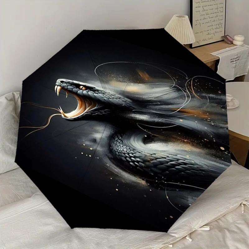 Black Snake Artwork Automatic Opening/Closing Umbrella - Portable Folding Design with 8-Bone Iron Frame, Perfect for Outdoor Use, Festive Gi