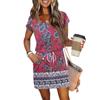 Women's Summer V-Neck Casual Short Sleeve Drawstring With Pocket Vintage Floral Dresses