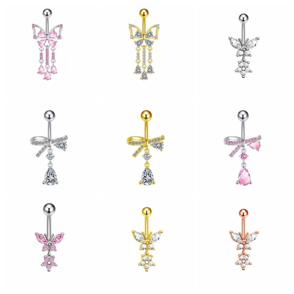 Bow Butterfly Navel Piercing Zircon Curved Barbell Trendy Dangled Belly Ring Seaside