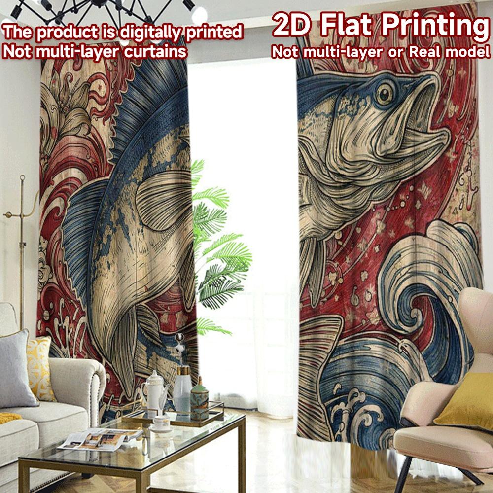 2D FLAT PRINTING 2pcs Curtains (Without Rod) Fish Amidst Red Waves Modern Contemporary Curtains Versatile Fabric Curtains Easter