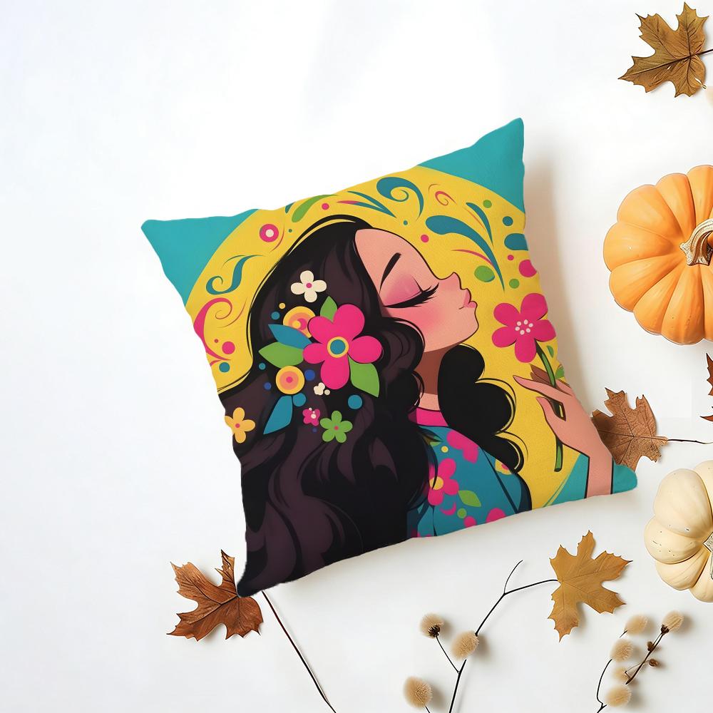 Casual Romantic Dreamy Flowers Girl Hairs Cushion Cover Washable Linen Pillowcase Soft for Daily Sofa Bed Home Room Decor