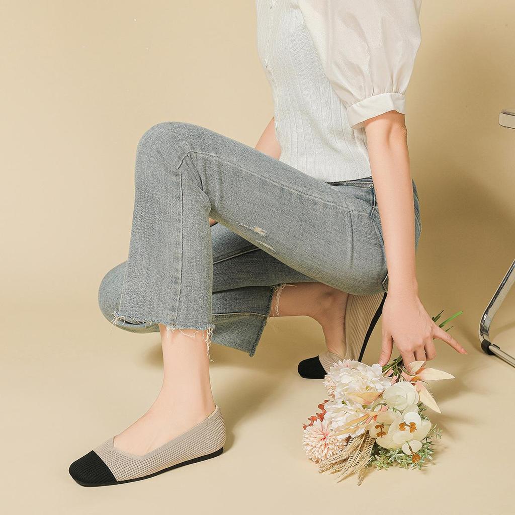 Квадратный носок, неглубокий вырез, ткань, плоская подошва, однотонный трикотаж, мягкая подошва, большой размер 34-43