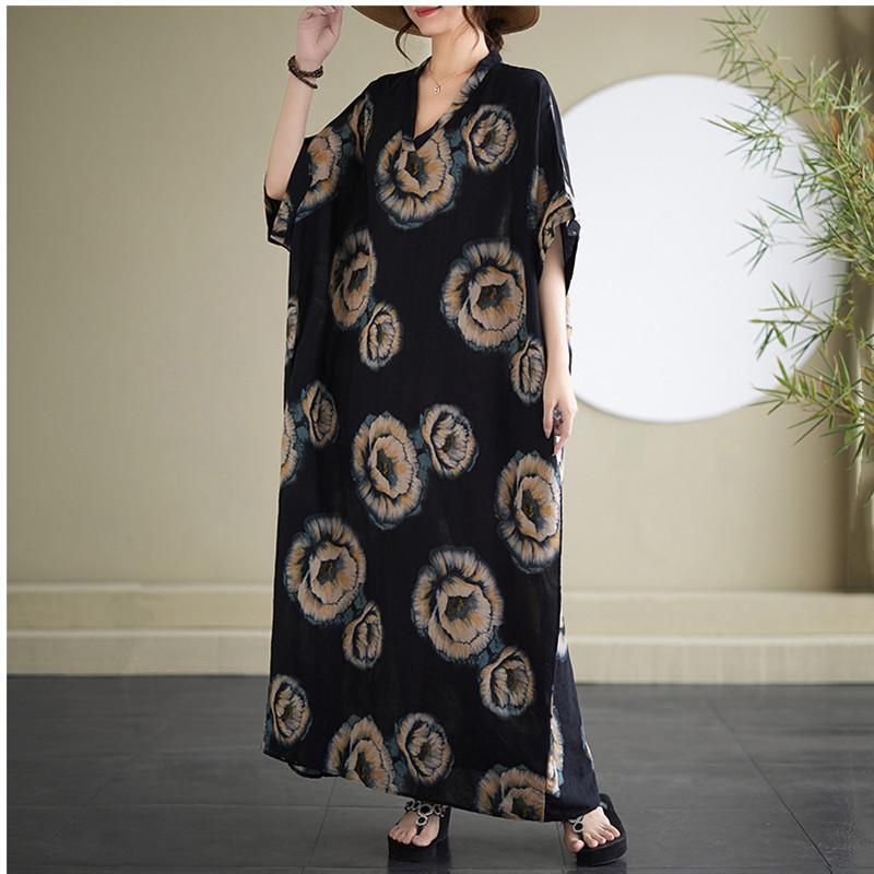 Новое хлопковое винтажное платье с цветочным принтом больших размеров с короткими рукавами для женщин, повседневное свободное длинное летнее платье макси