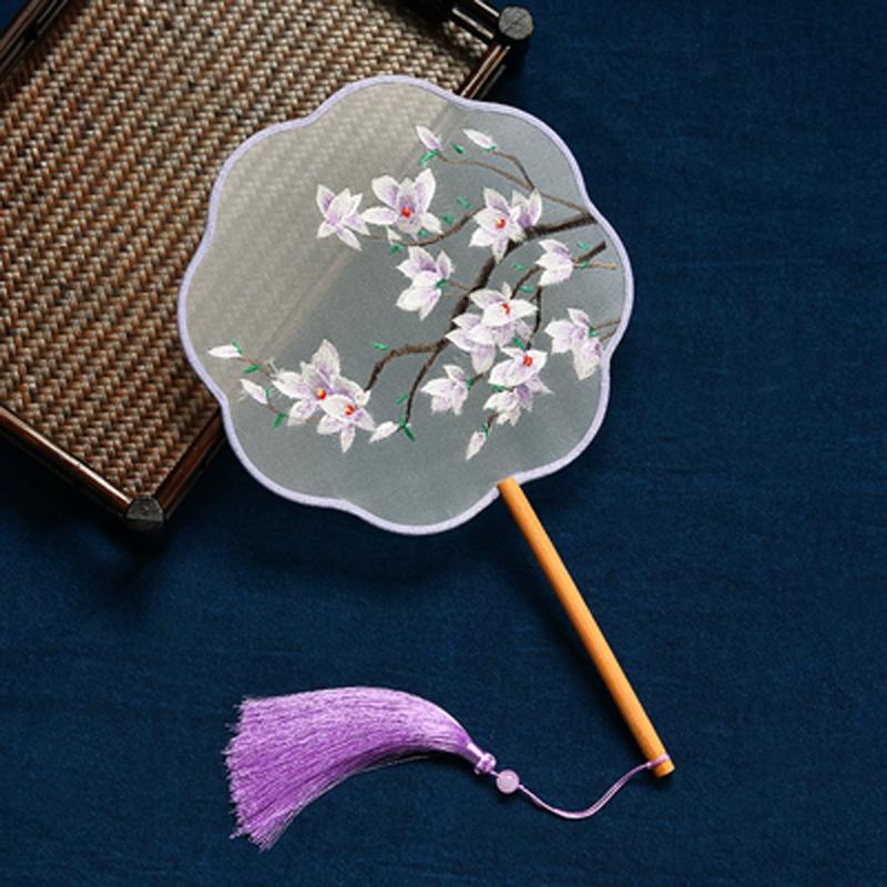 Circular Round Hand Fan, Chinese Traditional Art Embroidery, Classical, Ancient Costume, Han Fu Cheongsam with Long Handle