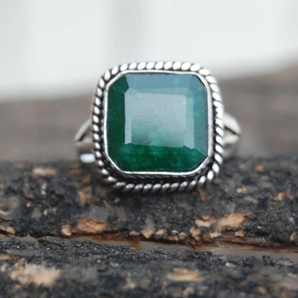 Square Raw Emerald Sterling Silver Ring: Faceted Birthstone Jewelry