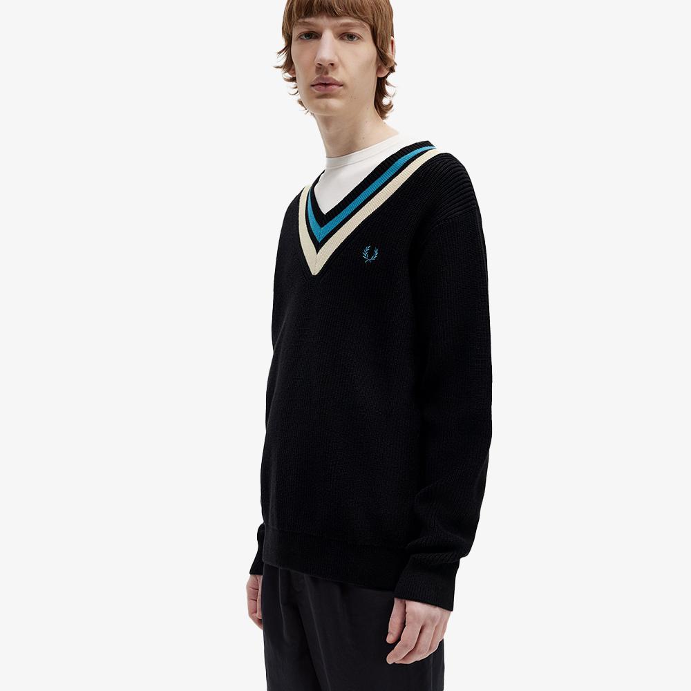 Fred Perry [Острая] полосатая отделка V-образный вырез вязаный свитер (102) Afpm2336523-102