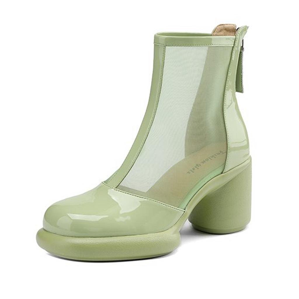 Krazing Pot Sheepskin Round Toe Summer Boots Fashion Back Zipper Air Mesh Ankle Boots