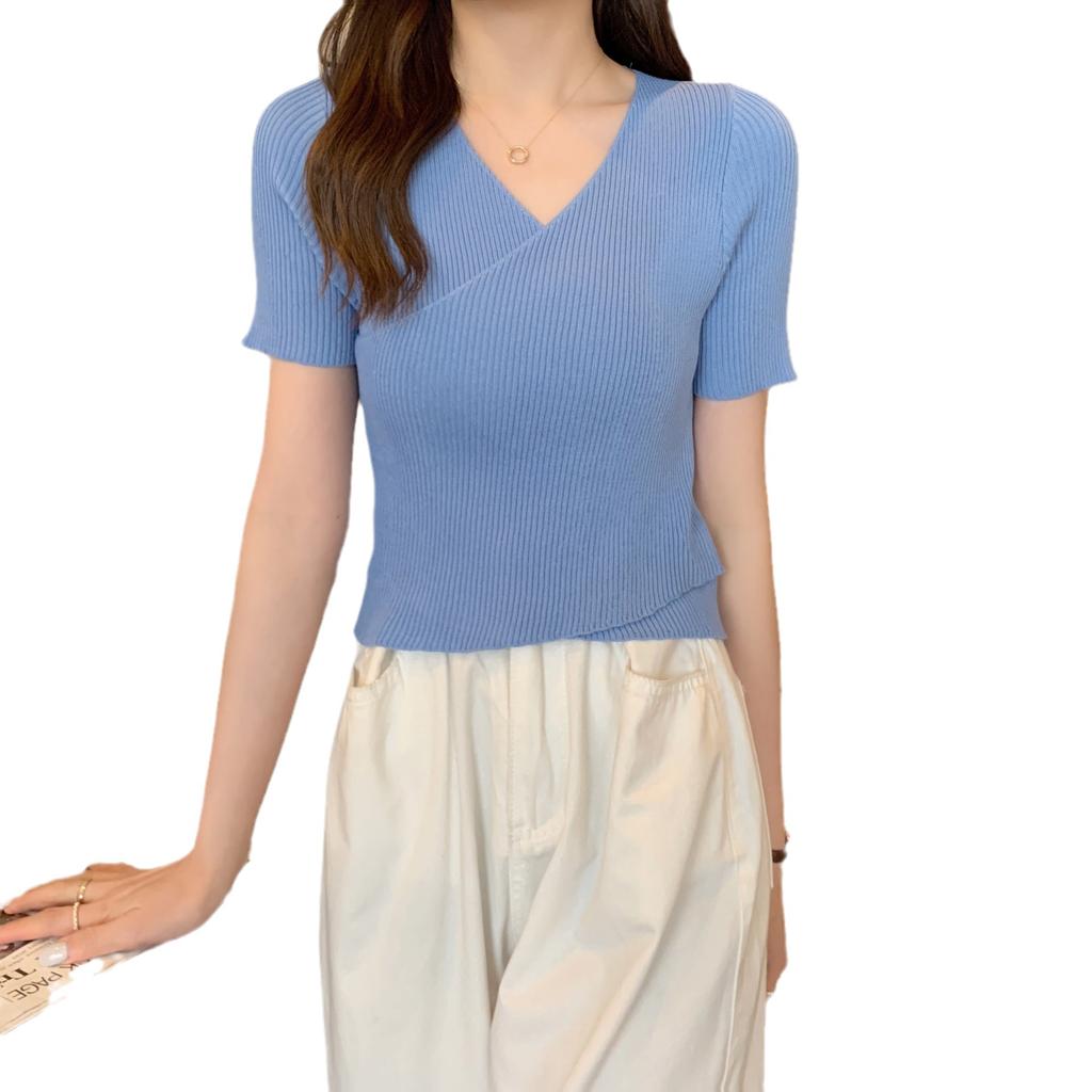 Летняя трикотажная рубашка с V-образным вырезом и короткими рукавами, тонкая узкая футболка, женская дизайнерская модель, короткие топы Sense Cross, повседневные, базовые, удобные, стильные, облегающие, пуловеры, футболки