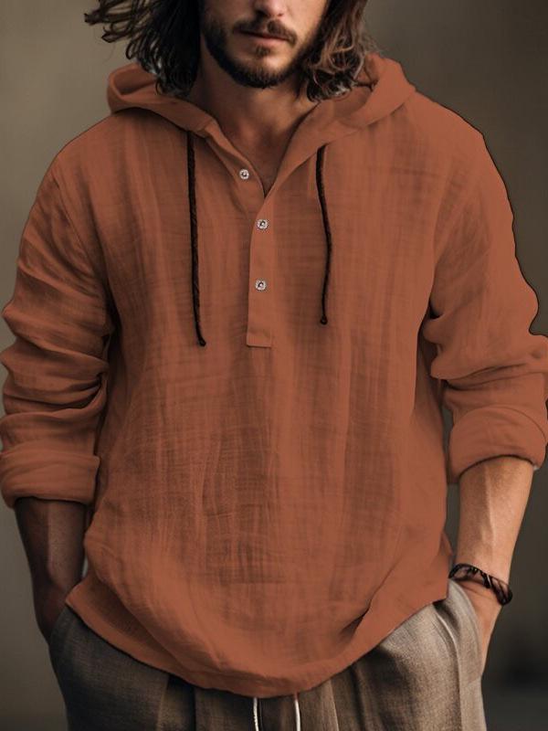 Men's Breathable Cotton Linen Hooded Shirt - Casual Long Sleeve Beach T-Shirt