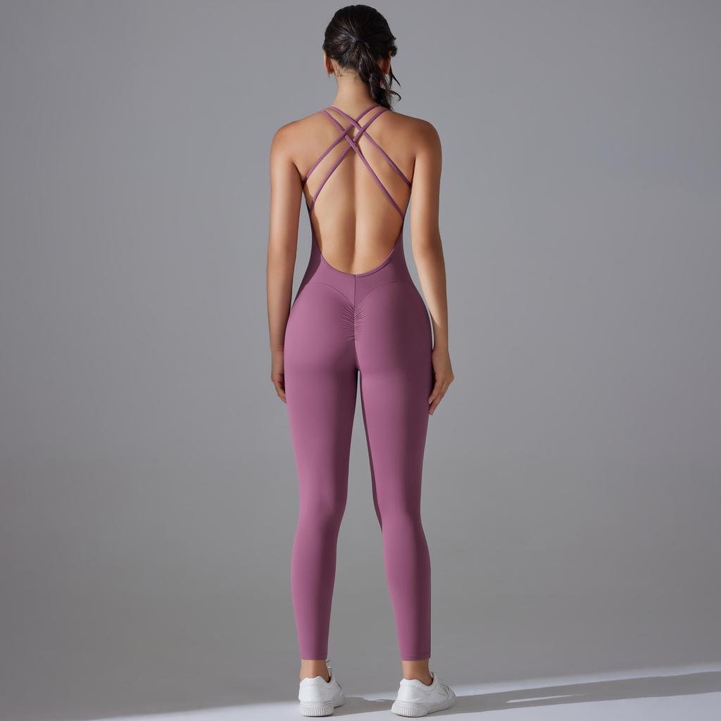 Nessaj One Piece Yoga Jumpsuits Women Solid Color Fitness Bodysuit Back Cross Playsuit Backless Yoga Rompers