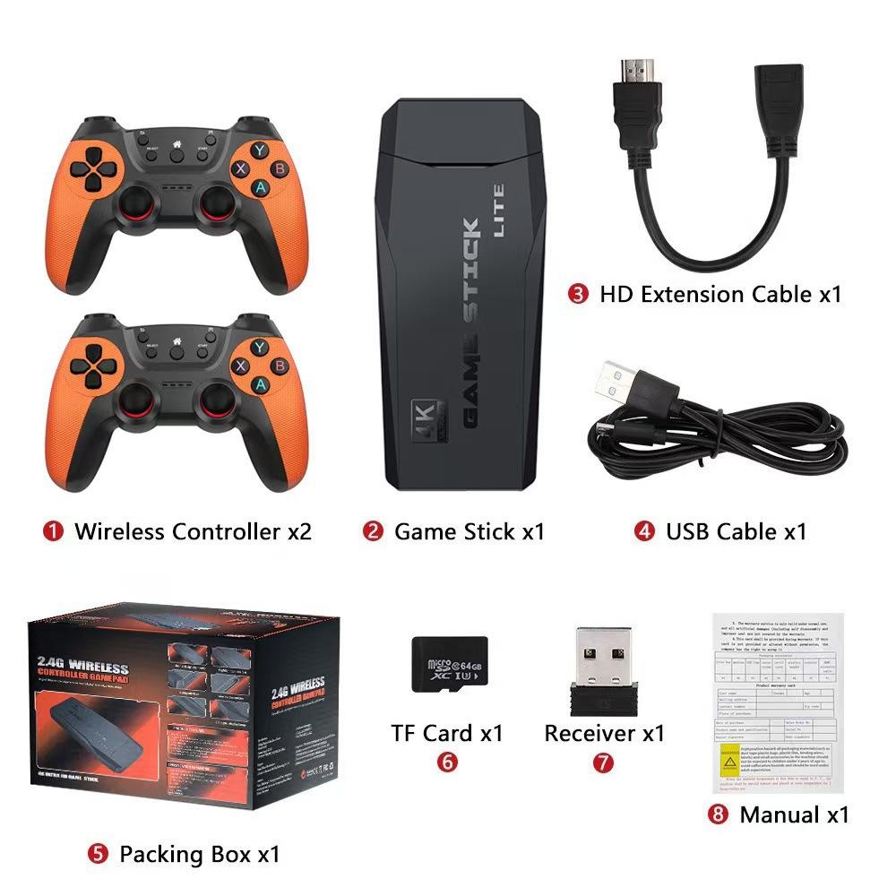 X2 Ретро Игровая Консоль Game Stick 4K, 40000+ Игр, 40+ Эмуляторов, HD Выход, 2 Беспроводных Контроллера, Plug and Play, ТВ/Компьютер