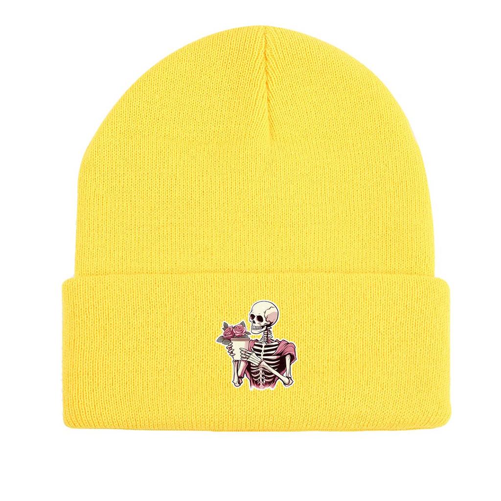 Skeleton Flower Print Knitted Hat Beanie, Woman Cap Windproof Lightweight Sporting Headwear Knit Cap Beanie