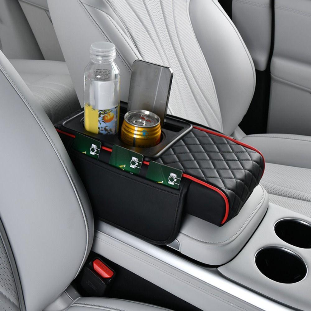 Car Center Console Height Increasing Armrest Cushion Multifunctional PU Leather Armrest Pad with Cup Holder Universal