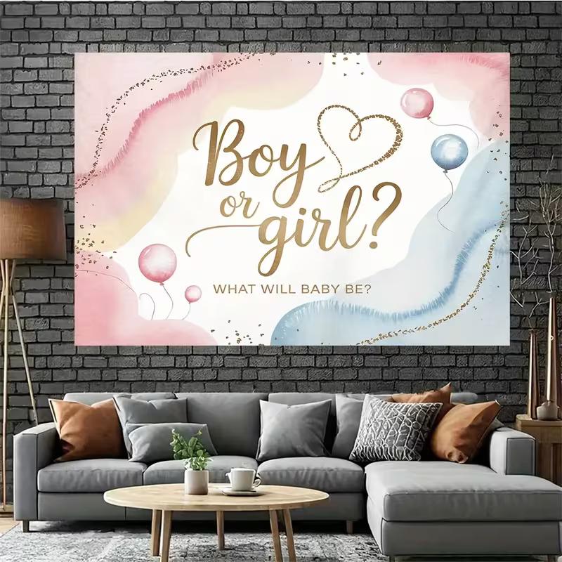2D Printing Baby Shower Tapestry, Gender Reveal with Gold Heart and Confetti