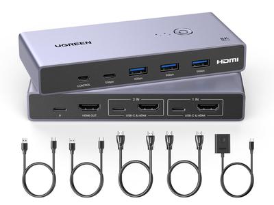 UGREEN HDMI KVM-переключатель 2 входа 1 выход Совместное использование 2 ПК с 3 портами USB 1 порт и 1 монитор KVM-переключатель Совместимость с ручным переключателем 2 USB-кабеля 2