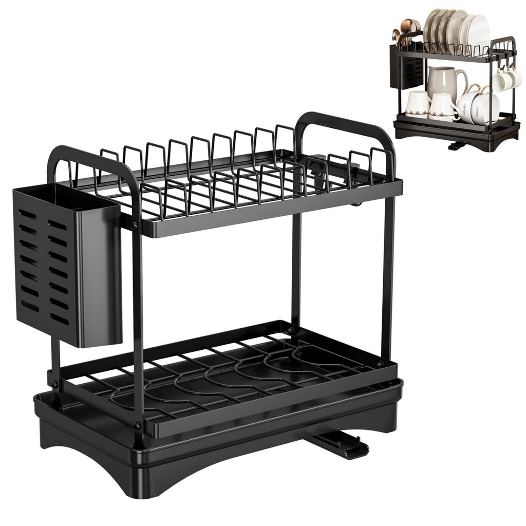 Подставка для сушки посуды 34,5x18,5x29,5 см 2-ярусная подставка для сушки посуды Держатель для кухонной утвари С поддоном для стекания воды Для хранения на кухонной столешнице Держатели