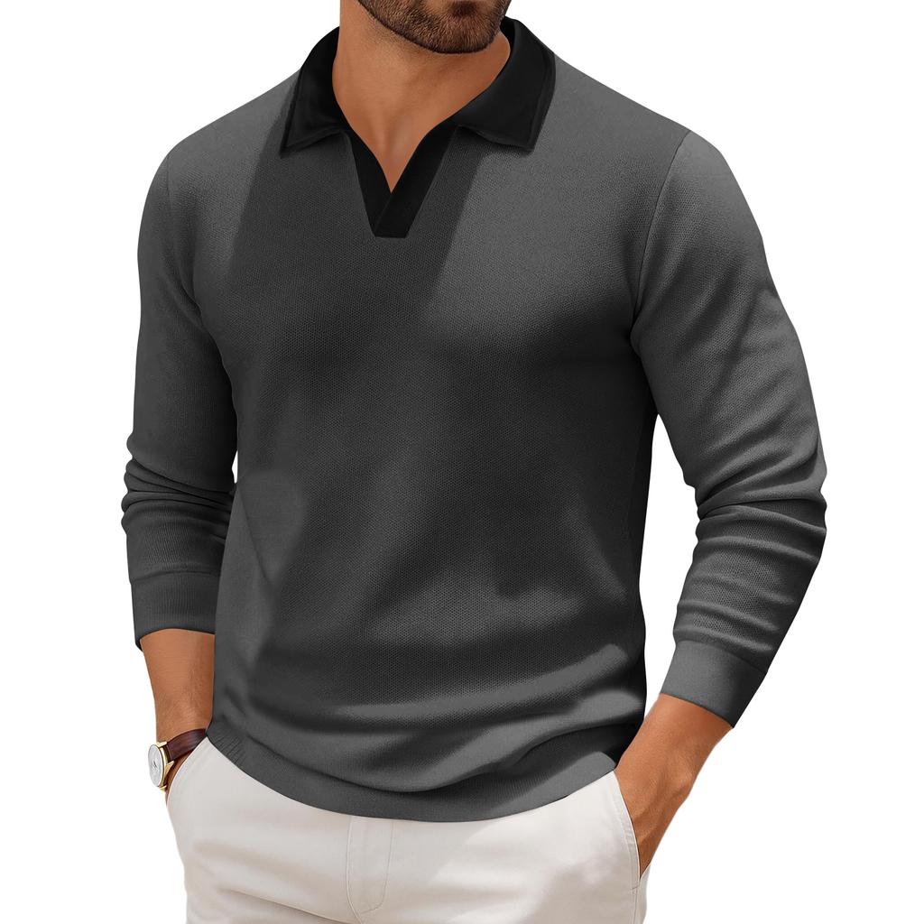 Мужской повседневный трикотажный базовый топ с длинным рукавом и воротником в стиле колор-блок