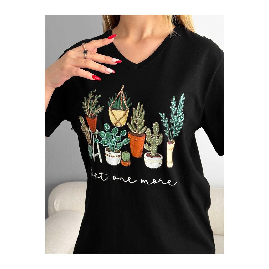 Женская черная футболка из 100 % хлопка с v-образным вырезом и вышивкой пайетками больших размеров