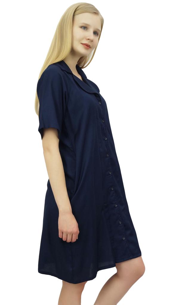 Bimba Women's Nightwear Beige Shirt Short Sleeve Dress With Pockets