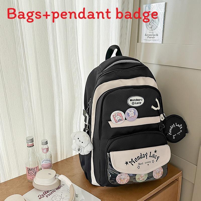Simple Color Blocked Letter Pattern Student Backpack With Badge Pendant And