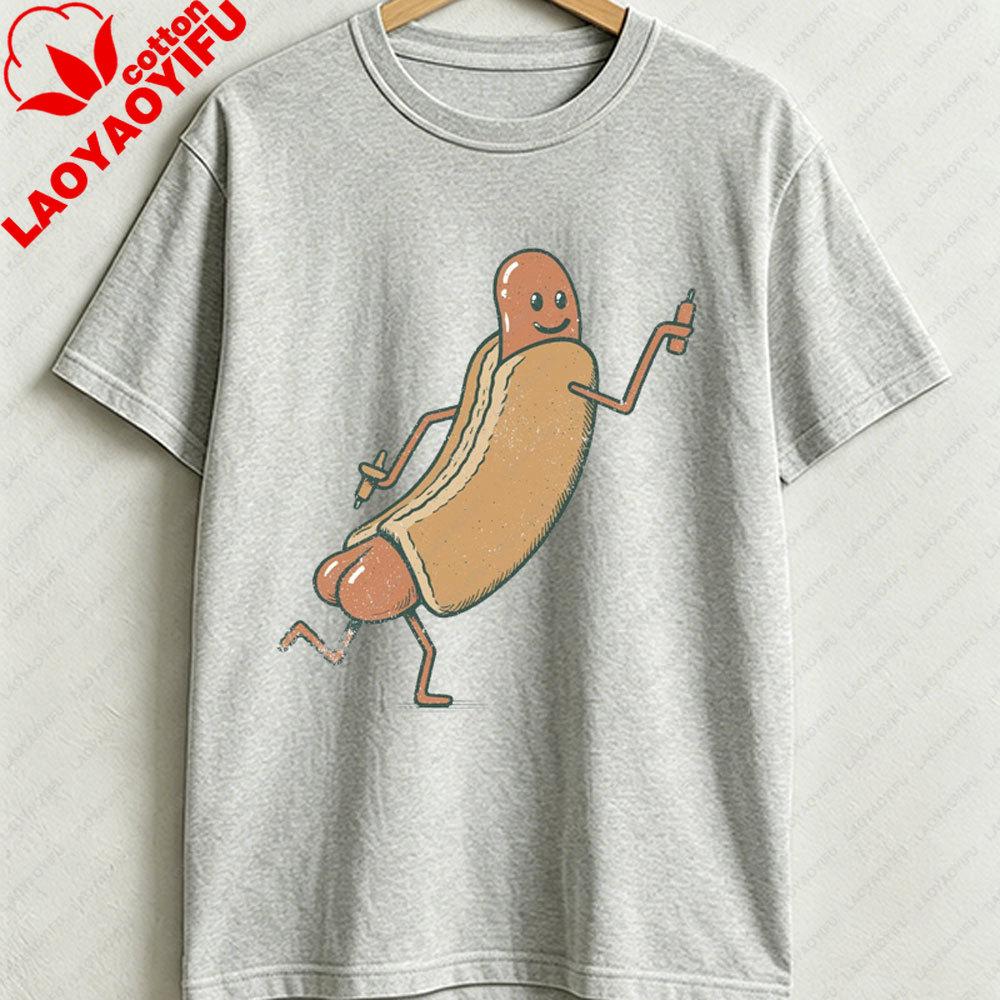 Funny Hotdog Graphic Cotton TShirt Cute Hotdog Graphic Tee Retro Foodie Shirt Wiener Cartoon Unisex Gift Beach Vacation Tops