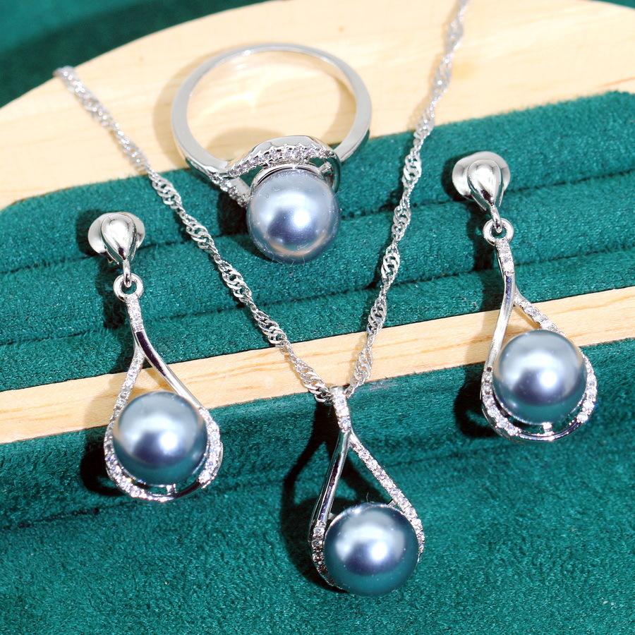 Hip-hop Bride Zircon Pearl Necklace Earring Ring Three Piece Set