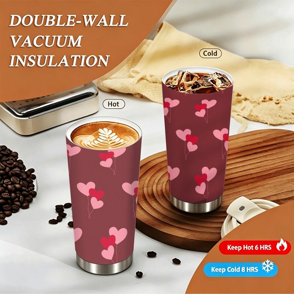 Romantic Heart Pattern Stainless Steel Insulated Coffee Tumbler, Vacuum Travel Mug, Reusable Aesthetic Cup for Valentine Gift Office Commute