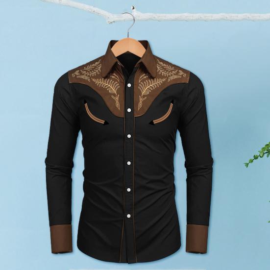 Men Spring Fall Shirt Loose Vintage Ethnic Style Print Color Matching Long Sleeve Lapel Single-breasted Mid Length Cardigan Men Top