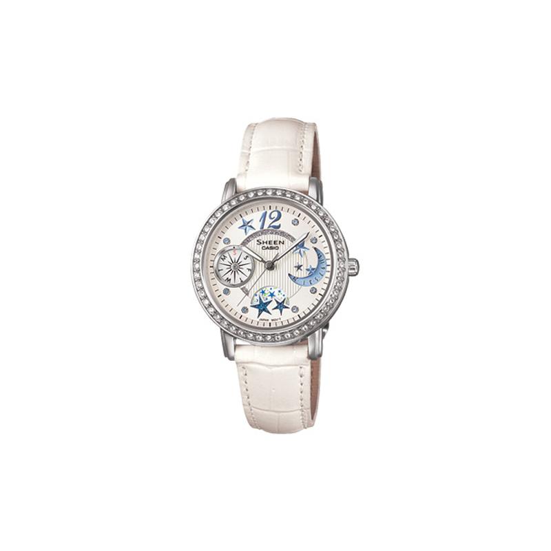 Casio SHEEN 50 метров водонепроницаемые, кварцевый механизм, кожаный ремешок, японские и корейские часы, женские часы, белый циферблат SHN-3019L-7ADR