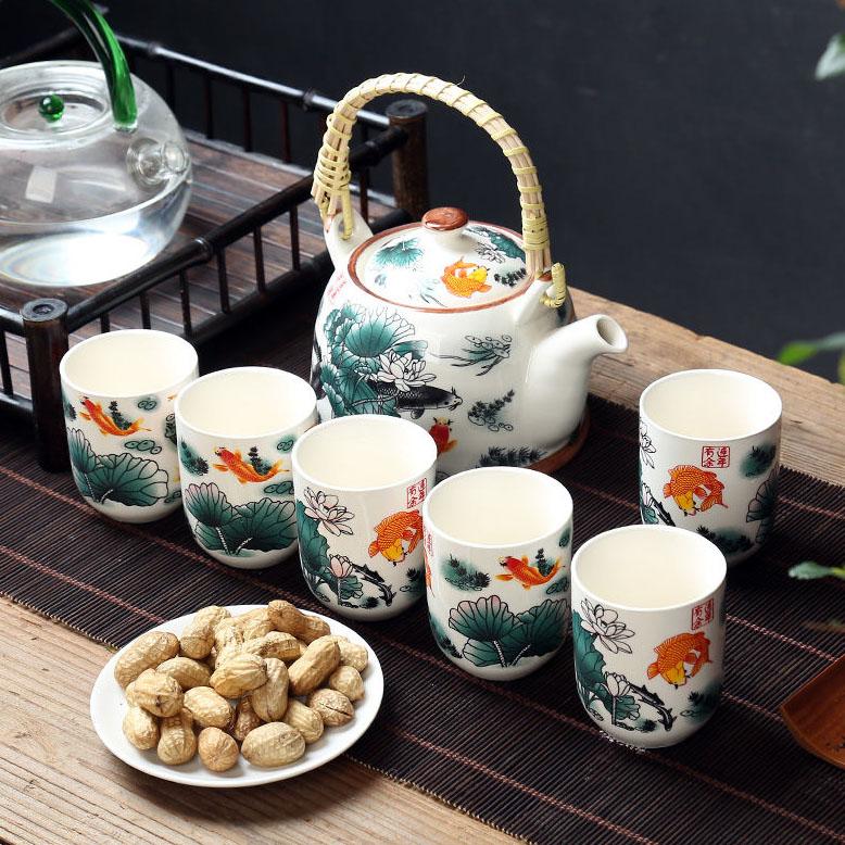 1 чайник, 6 чашек, большой чайник, поднос для чая, керамический сине-белый фарфоровый горшок с кунг-фу, простой бытовой чайный сервиз
