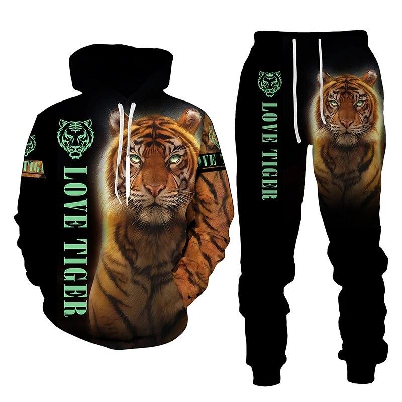 The Tiger 3D Printed Men's Hooded Sweatshirt Set Pants Men's Sportswear Tracksuit Long Sleeve Autumn Winter Men's Clothing Suit