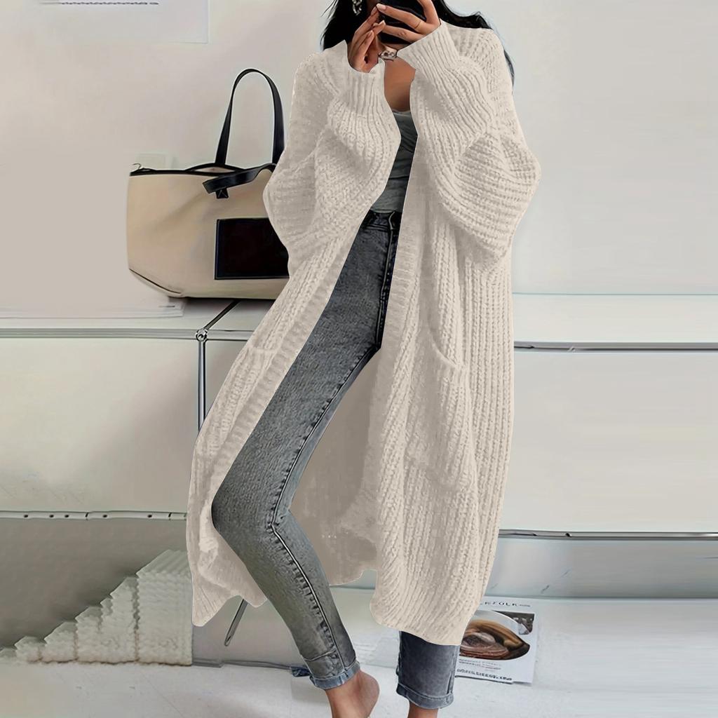 Женский однотонный кардиган машинной вязки с длинным рукавом до колена, ленивый тренд, куртка для волос средней длины