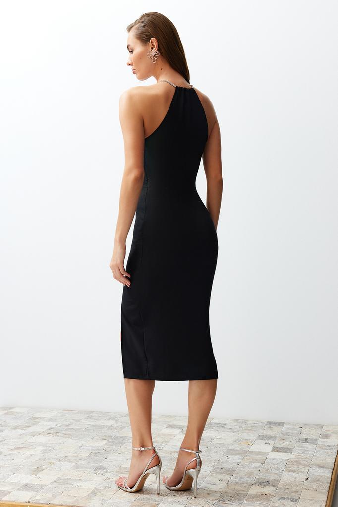 Women's Fashionable New Dress Black Fitted Elegant Evening Dress with Woven Accessories