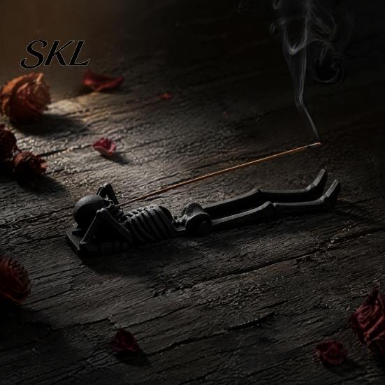 Creative Gothic Gift Lying Skeleton Incense Stick Holder, Skull Burner, Censer, Dark Desktop Ornament Aesthetic Holder for Desk Tea Table Halloween